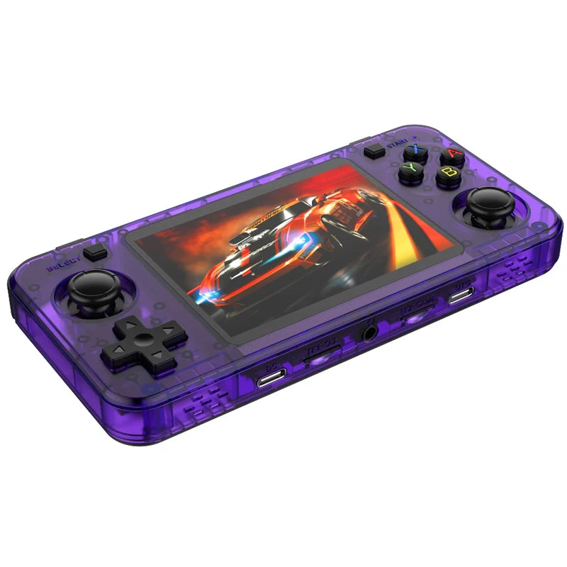 Purple handheld gaming console with screen displaying a car game on a white background